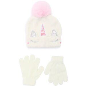 NWT Capelli New York Unicorn Knit Hat & Gloves Set Ivory Pink M/L